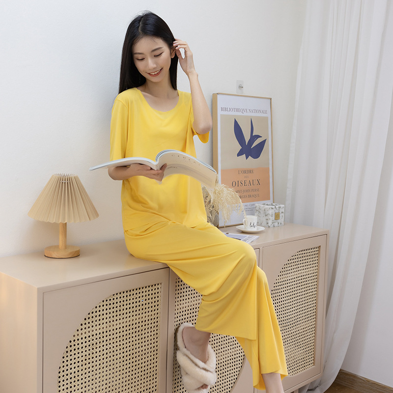 春秋薄款过膝短袖长款冰丝睡衣女居家服装显瘦洋气女士居家服