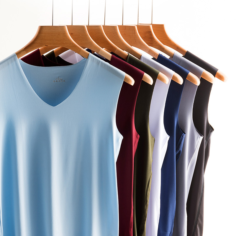 2021夏季新款冰丝无痕男士背心紧身宽肩V领运动背心打底薄款批发