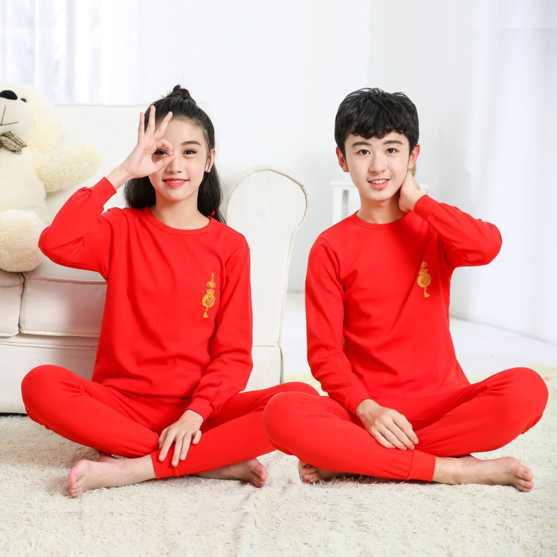 本命年大红儿童套装棉质男童女童色秋衣秋裤中大童保暖内衣套装