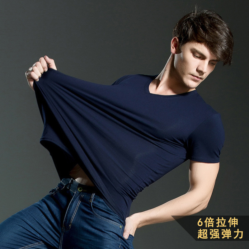 新款男士短袖夏季T恤男2021莱卡棉纯黑休闲打底衫修身v领微商代发
