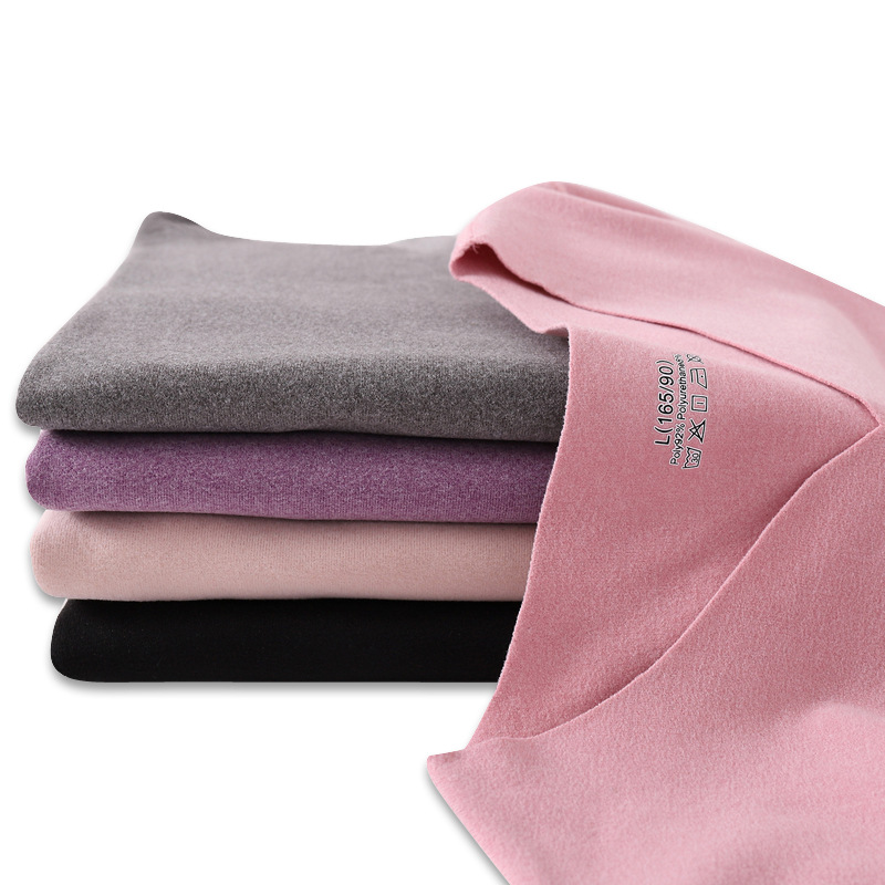 女士保暖长袖德绒内衣女双面磨毛无痕纯色上衣爱心领内穿发热秋衣