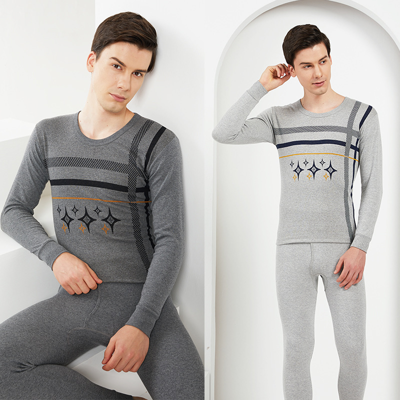 秋冬新款大码男士 棉保暖内衣精装圆领中领打底秋衣提花秋裤套装