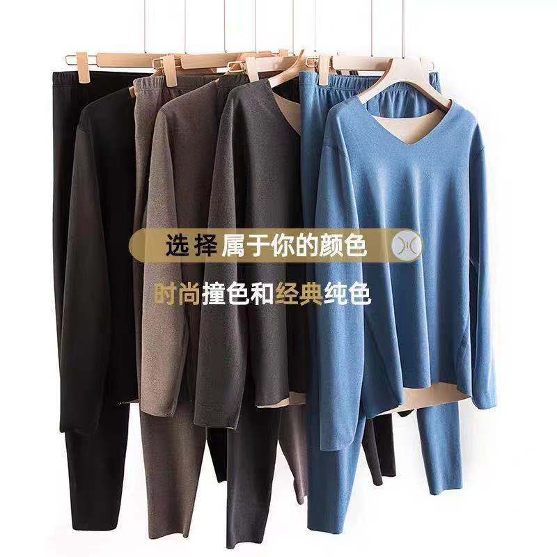 厂家新款保暖内衣加绒女男士AB双面磨毛修身秋衣秋裤V领套装弹力