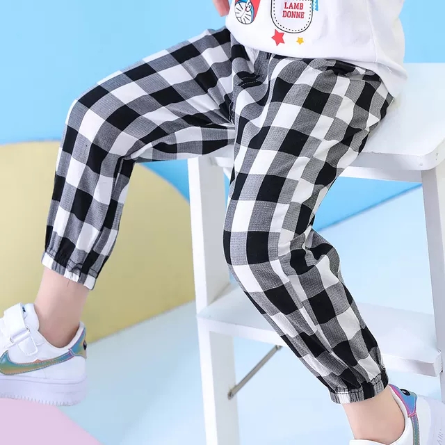 儿童格子休闲裤2021春夏装新款宽松洋气运动裤男童中大童灯笼裤子
