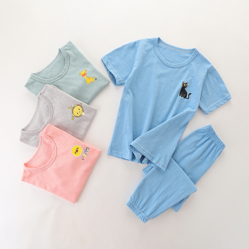 2021夏季儿童竹节棉短袖套装男童家居服女童宝宝长裤防蚊套装现货