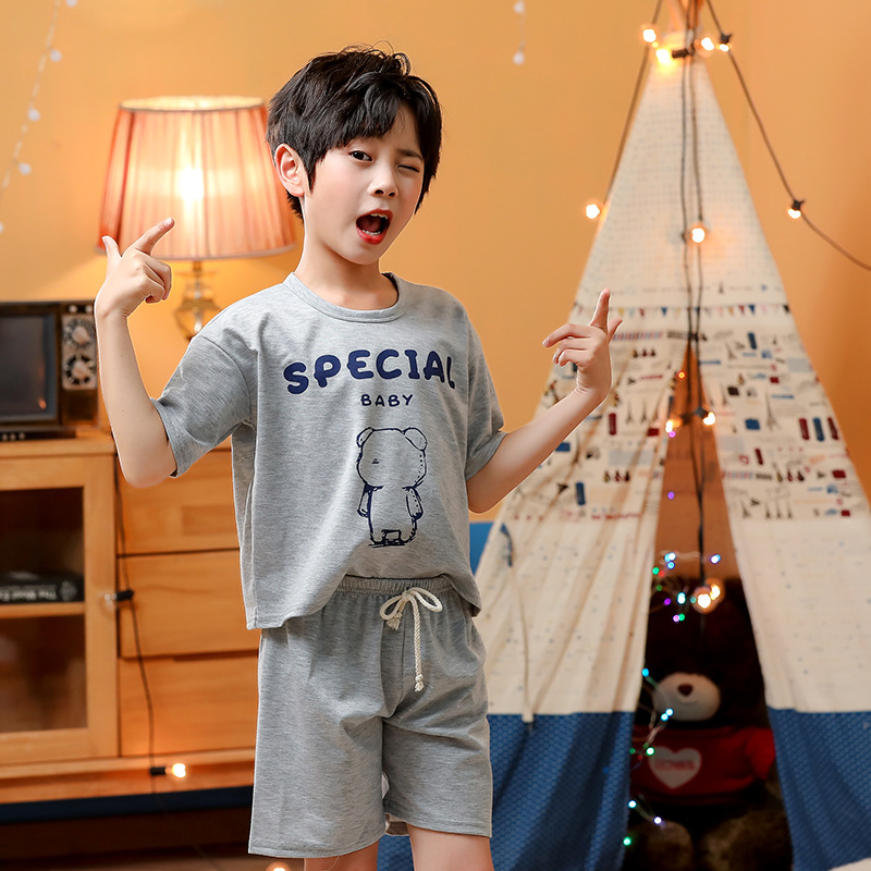 夏季卫衣面料卡通大中小儿童短袖套装薄款男童女童家居服现货批发