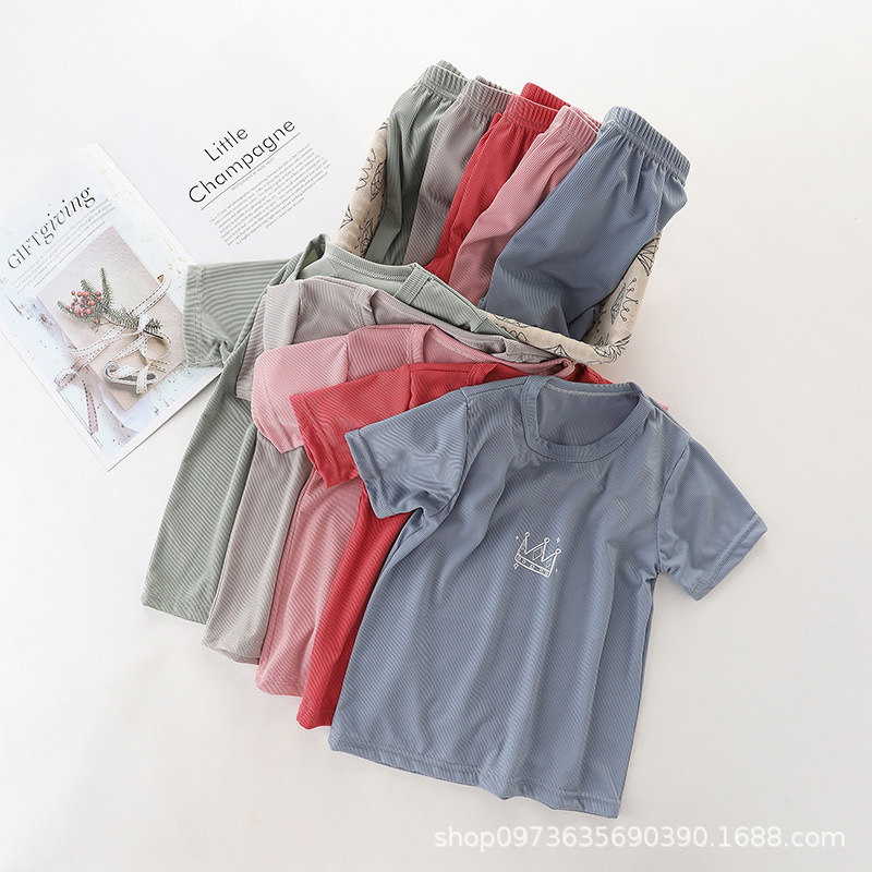 2021年童装夏季儿童冰丝短袖套装男童女童透气家居服孩子条纹睡衣