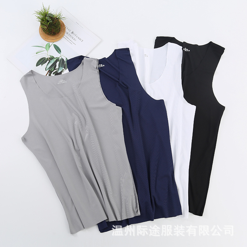 供应抖音快手直播平台男士无痕圆领冰丝螺纹背心牛奶丝吊带打底衫