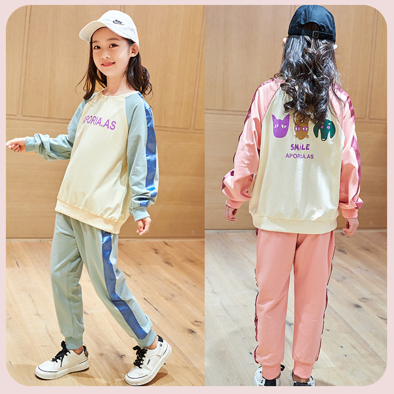 女童薄款休闲卡通字母卫衣套装春秋季长袖宽松运动卫衣外套童装