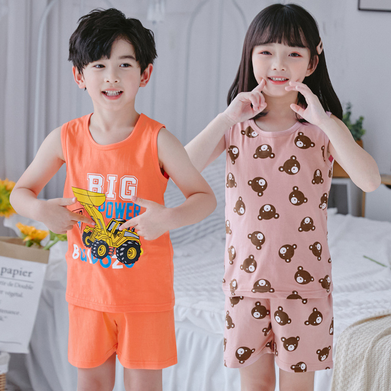 厂家无袖儿童背心套装棉印花男女吸汗透气阳光可爱中小童短裤